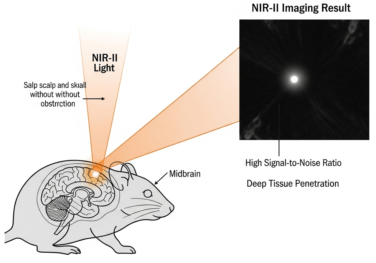 近红外二区小动物活体成像技术在脑科学研究中的应用示意图