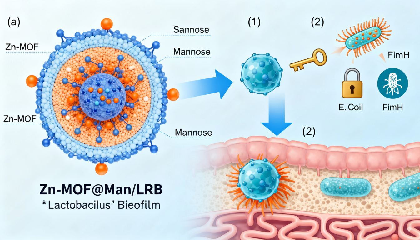 双靶向纳米药物结构及其攻击大肠杆菌的机制示意图
